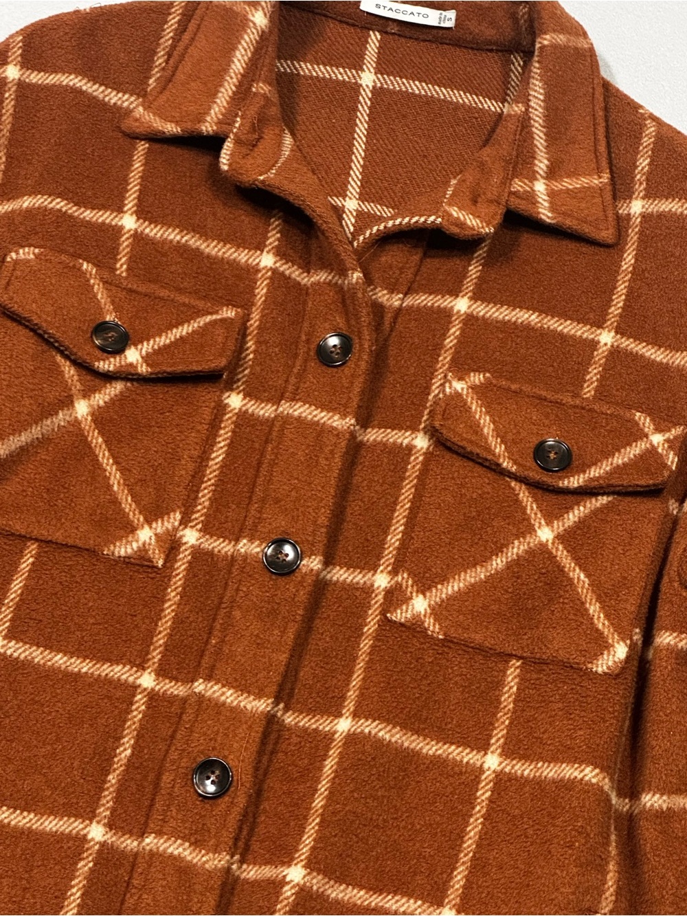 Staccato Plaid Flannel Shacket in Rust/Brown Oversized Small - Picture 4 of 8
